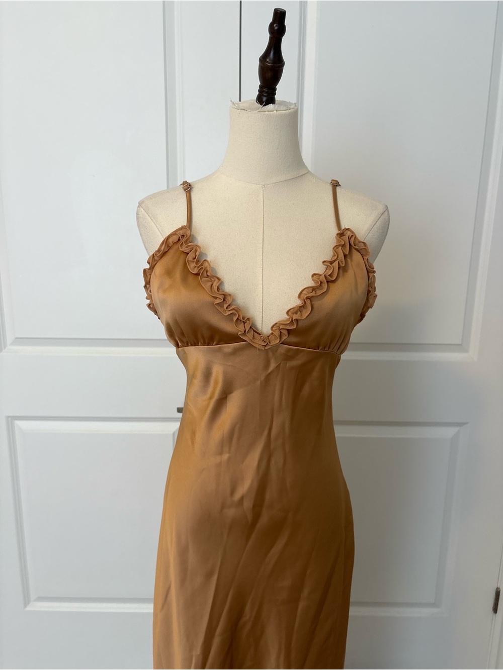ZARA Satin Ruffle Slip Maxi Dress Tan Gold Size M